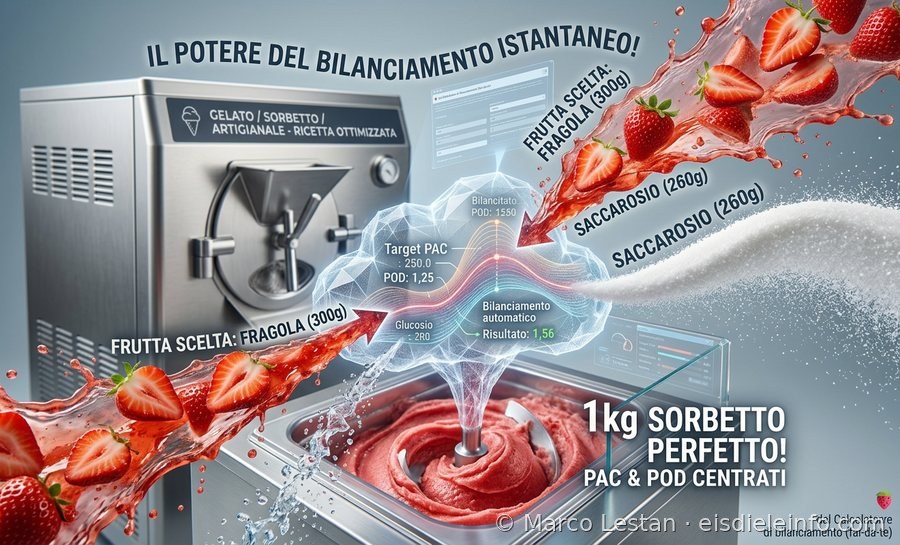 Die Kraft der sofortigen Bilanzierung: Frucht und Saccharose werden eingegeben, Dextrose und Wasser automatisch berechnet, um den Ziel-PAC-Wert zu treffen und ein perfekt bilanciertes Sorbet zu erhalten