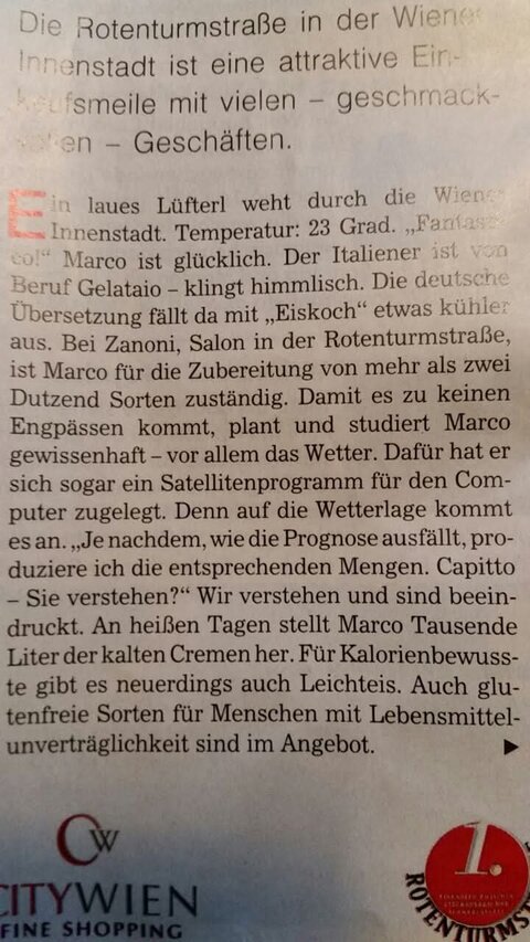 Articolo di rivista viennese su Marco Lestan alla gelateria Zanoni