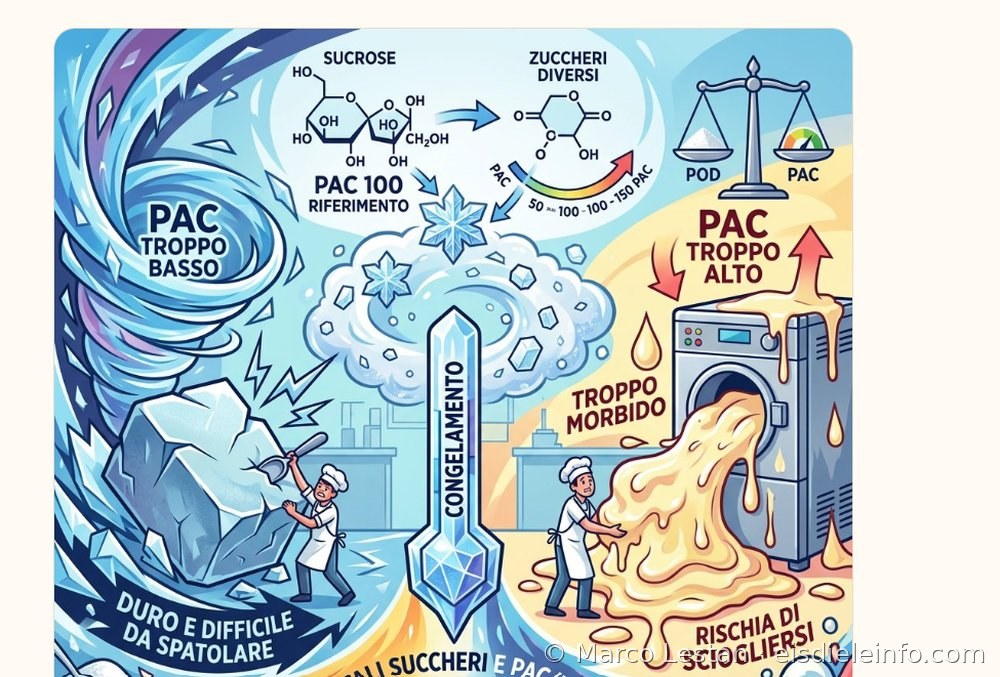 Infografik zu PAC- und POD-Wert beim Eis: ein zu niedriger PAC-Wert macht das Eis hart und schwer zu portionieren, ein zu hoher PAC-Wert macht es zu weich und lässt es in der Vitrine wegschmelzen; Saccharose als Referenzwert PAC 100 im Vergleich zu anderen Zuckern; POD- und PAC-Wert gemeinsam mit der Trockenmasse ausbalancieren
