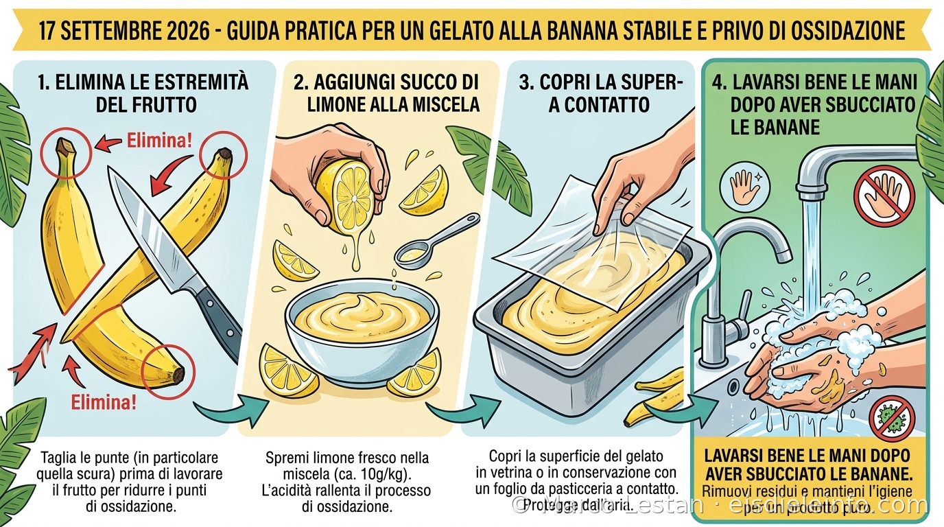 Praktischer Leitfaden für stabiles Bananeneis ohne Oxidation: Enden der Frucht entfernen, Zitronensaft zugeben, Oberfläche in direktem Kontakt abdecken, Hände nach dem Schälen der Bananen gut waschen