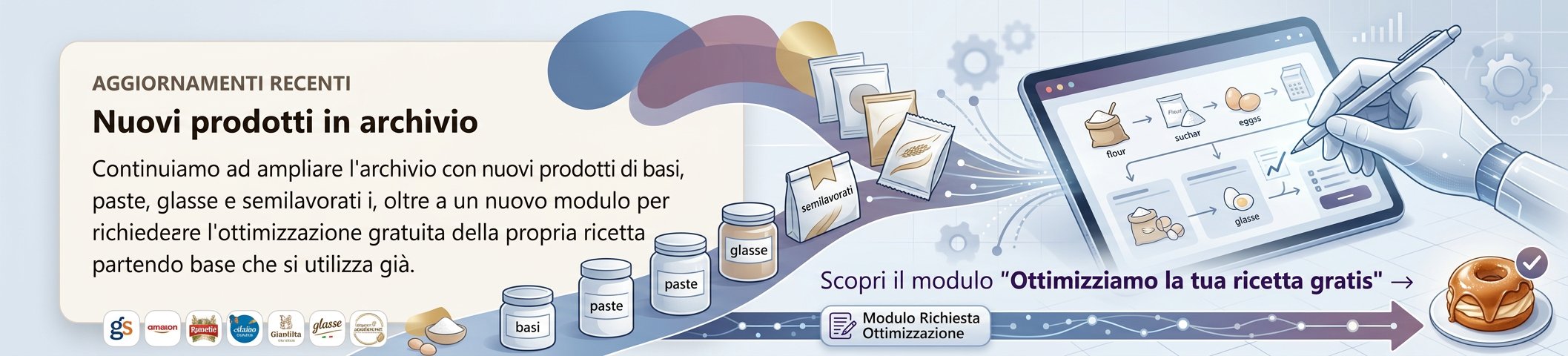 Neue Produkte im Archiv: Basen, Pasten, Glasuren und Halbfertigprodukte verschiedener Hersteller, plus das Formular für die kostenlose Rezeptoptimierung