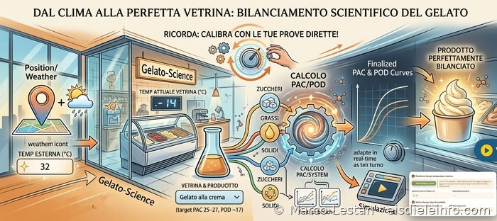 Schema del bilanciamento scientifico del gelato: dal clima e dalla temperatura esterna alla temperatura di vetrina, dalla ricetta con zuccheri, grassi e solidi al calcolo PAC/POD, fino al prodotto perfettamente bilanciato