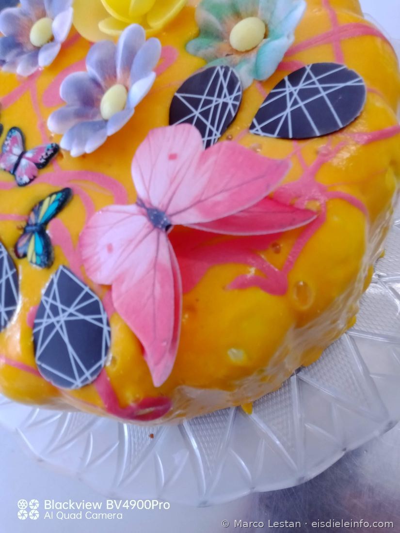 Orange Eistorte mit Schmetterlingen und Blumen aus Zuckerpaste